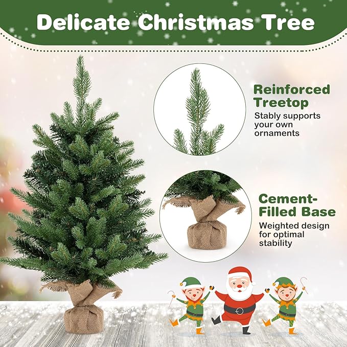 HAPPYGRILL 2 FT Tabletop Christmas Tree, Battery Operated Artificial Xmas Tree with 35 Warm White LED Lights, Small Spruce Fir Tree with 234 Tips and Solid Cement Base for Home Decor