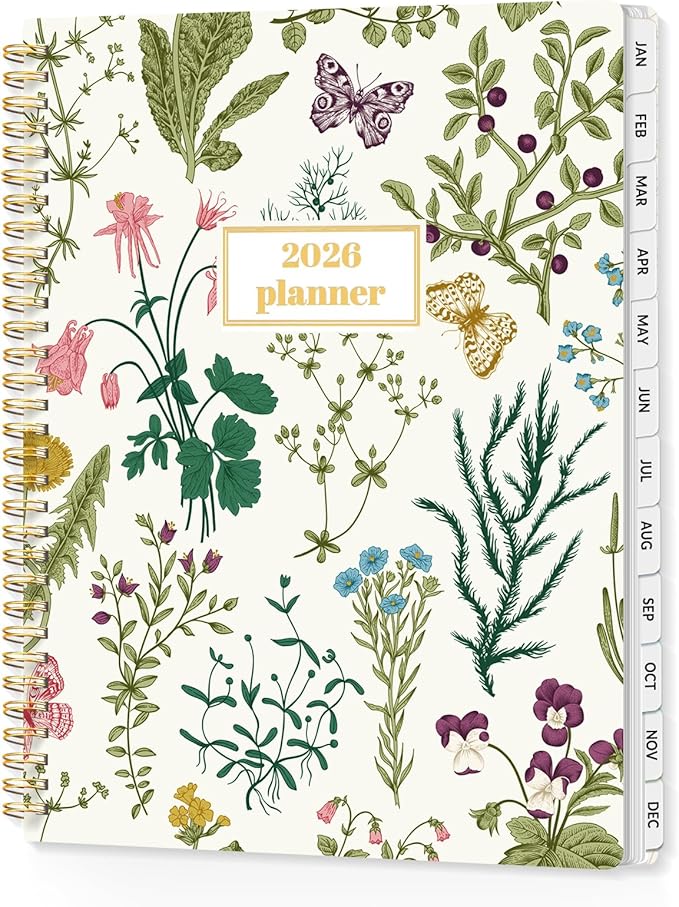 SUNEE Planner 2026 Weekly and Monthly, January 2026-December 2026, 8.5"x11", Tabs, Note Pages,Spiral Binding, Flora