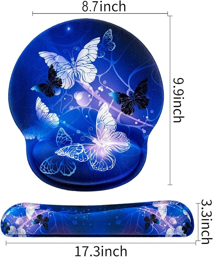 RICHEN Keyboard Wrist Rest and Mouse Pad with Wrist Support, Memory Foam Set for Gaming and Office, Comfortable & Lightweight for Easy Typing & Pain Relief (White Butterflies)