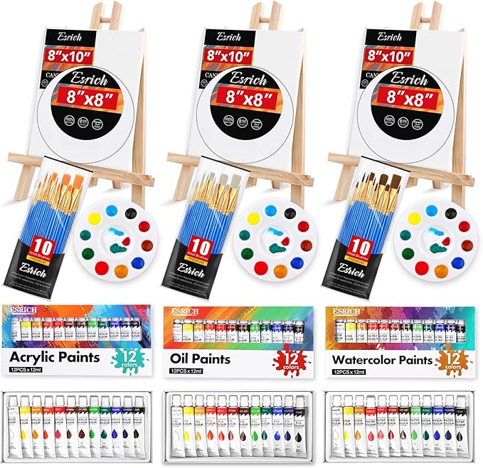 ESRICH 78Pack Acrylic Paint Set, Painting Kits for Adults, Paints Kit With3 Pack of 12 Colors Paint 3 Sets of Wooden Easels, Canvas, Brushes, Palette,Art Paint Supplies Kit for Adults Kids Beginner