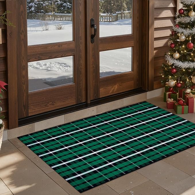 Christmas Door Mat Outdoor 24"x51", Green/Black Buffalo Plaid Front Porch Rug Cotton Hand-Woven Washable Layered Door Mats,Reversible Checkered Floor Rugs for Home Decor Outside