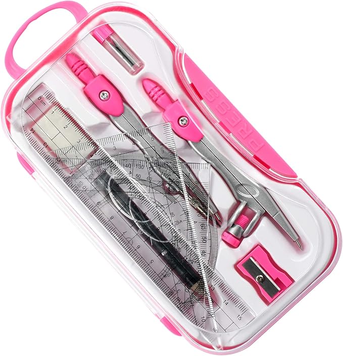 Math Geometry Kit Sets 10 Piece Student Supplies with Shatterproof Storage Box,Includes Rulers,Protractor,Compass,Eraser,Pencil Sharpener,Lead Refills,Pencil,for Drafting and Drawings（Pink）
