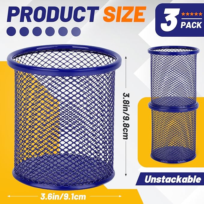 Segarty Pen Cup, 3 Pack Round Cute Dark Blue Pen Holder for Desk, Wire Mesh Pencil Holder Container Set, Desktop Organizer for Office Supplies, Maker, School, Home Storage, Makeup Brush