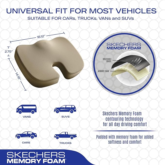 Skechers Memory Foam Seat Cushion,Office Chair Cushion for Tailbone Pain Relief,Butt Pillow for Office Chair,Car seat Cushion,Computer Desk,Long Sitting Office Workers,and Car Drivers,Beige