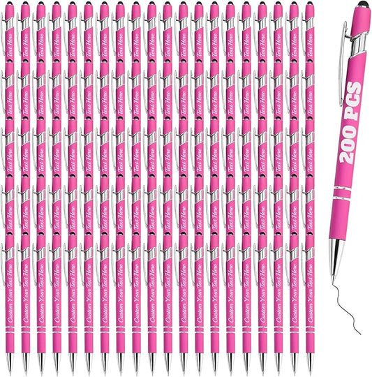 Personalized Pens Bulk 200 with Name Custom Engraving Ballpoint Pens with Stylus Tip Customized Smooth Writing Pens Personalized Gifts for Anniversary Birthday or Graduation(Pink,Black Ink)