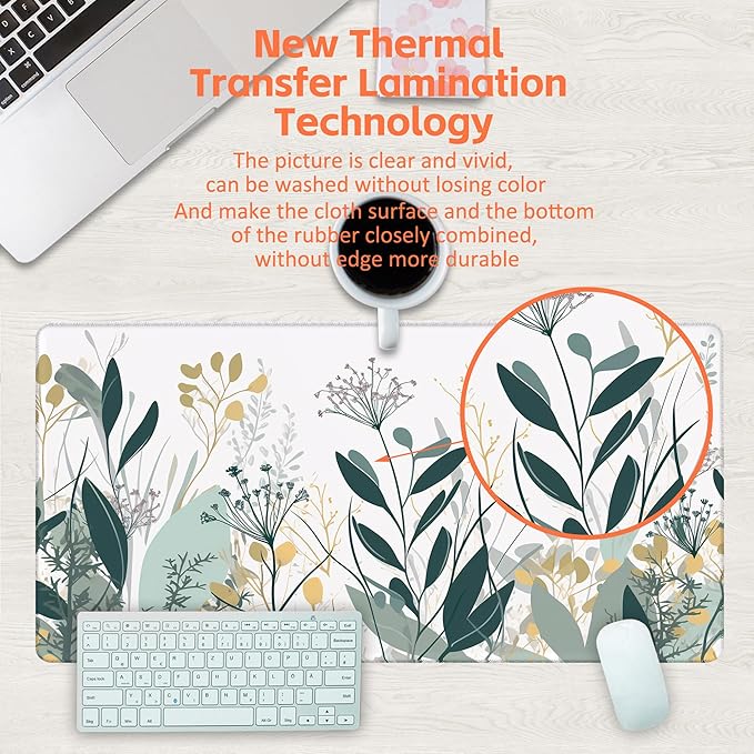 Desk Mat, Green Gold Plant Leaves Desk Pad, Wildflowers Large Gaming Mouse Pad for Desk, 31.5"x15.7" Extended Big Computer Keyboard Mouse Pad with Non-Slip Base and Stitched Edge