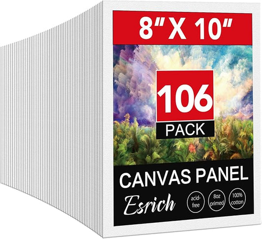 ESRICH 8x10 Canvas for Painting, 8x10 Inch Value Pack of 106, Canvas Boards for Painting, Painting Canvas for Adult & Kids-Cotton Primed Blank Canvas Panels for Oil, Watercolor, Acrylic, Tempera.