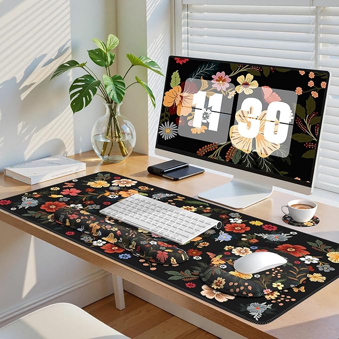 iCasso Desk Cover Mat, 4in1 Floral Large Mouse Pad with Wrist Rest, Desk Matt for Desktop, Anti-Slip XXL Big Computer Ergonomic Mousepad with Wrist Support for Keyboard and Mouse (Flowers)