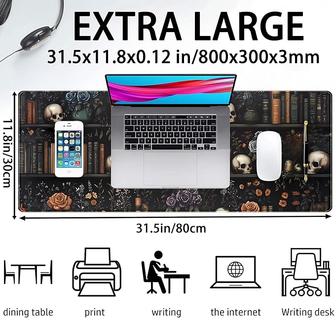Dark Bookshelf Desk Pad Gothic Gaming Mouse Mat XL, Black Large Computer Keyboard Mat Mystery Flowers Desk Mat, Cool Mouse Pad Full Desktop Mat, Vintage Desk Decor Accessories 31.5" x 11.8"