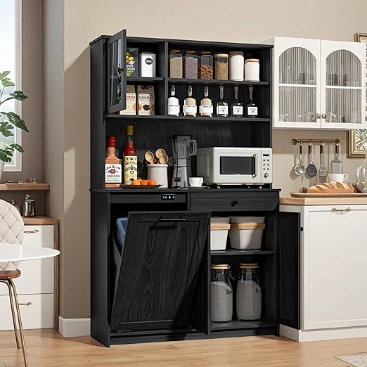 OLD CAPTAIN Tilt Out Trash Cabinet with Deodorising Function, Kitchen Hutch with Microwave Shelf and Drawer, Kitchen Pantry with Trash Cabinet for 10 Gallons, Black