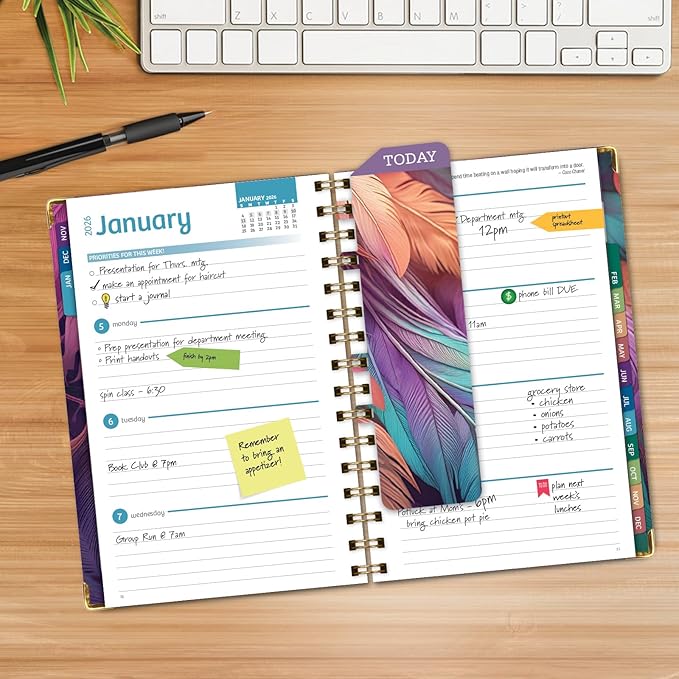 HARDCOVER 2026 Planner, 5.5"x8": 14 Months (November 2025 - December 2026), Daily Weekly Monthly Planner, Yearly Agenda, Bookmark, Pocket Folder and Sticky Note Set (Pastel Peacock)