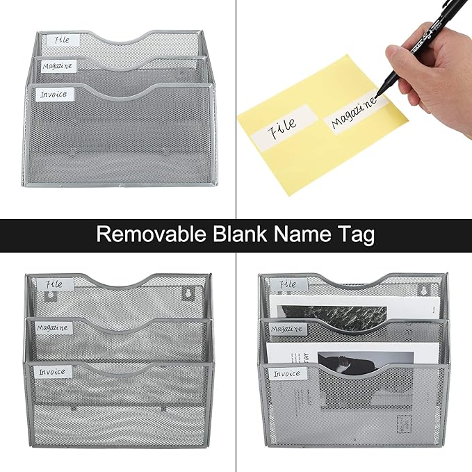 PAG Hanging Wall File Holder Mail Organizer Wall Mount Document Letter Rack, 3-Tier, Silver