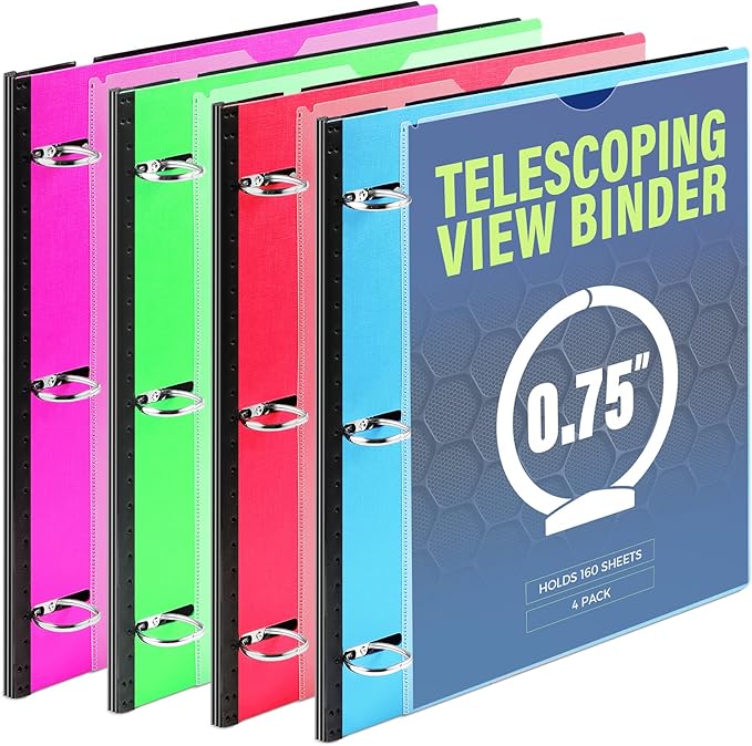 WOT I 4-Pack Telescoping 3 Ring Binder(0.75"), Expandable Flexible Binder - Patented Design for Easy Portability, Holds 160 Sheets, 4 Bright Colors, Perfect for School, Office&Home Organization