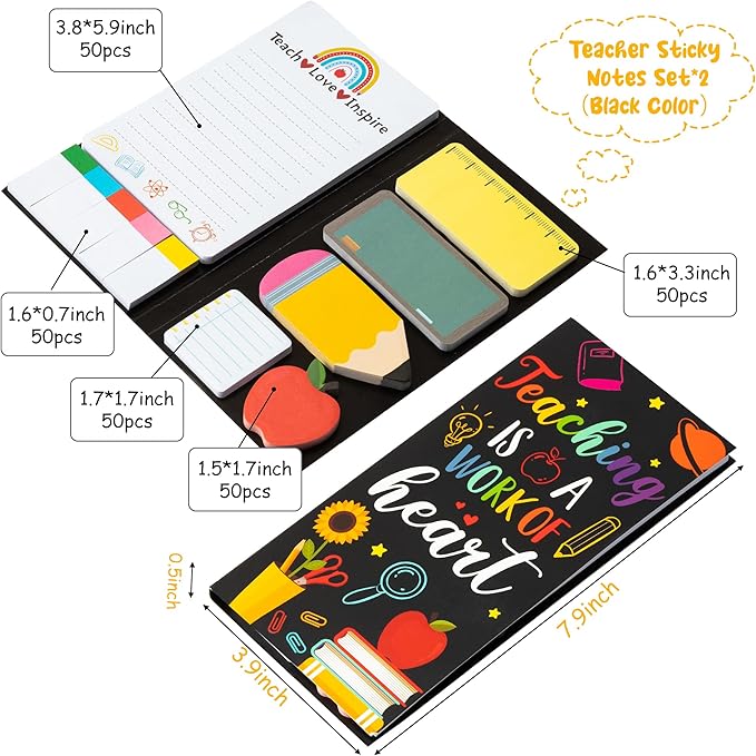 Xqumoi 2 Pcak Teaching is A Work of Heart Sticky Notes Set - Blackboard Pencil Apple Self-Stick Note Pads Teacher Appreciation Gift Writing Memo Pads Page Marker Back to School Office Supplies (Black)
