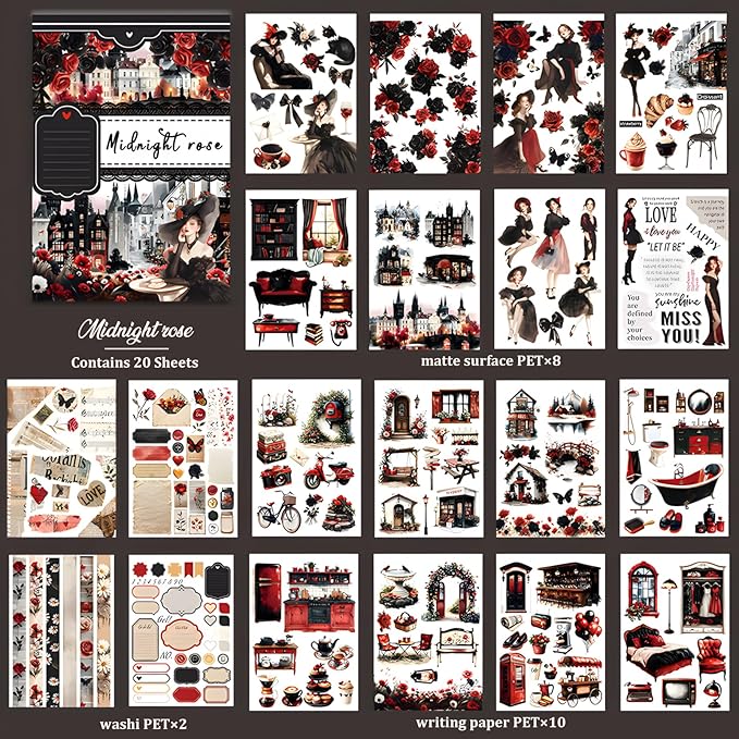 Snycler Midnight Rose Theme Sticker Scrapbooking Supplies for Junk Journal, 20 Sheets PET Stickers - Vintage Journaling Stickers, Ephemera Sticker Book Pre Cut, Planner, Junk Journal Supplies