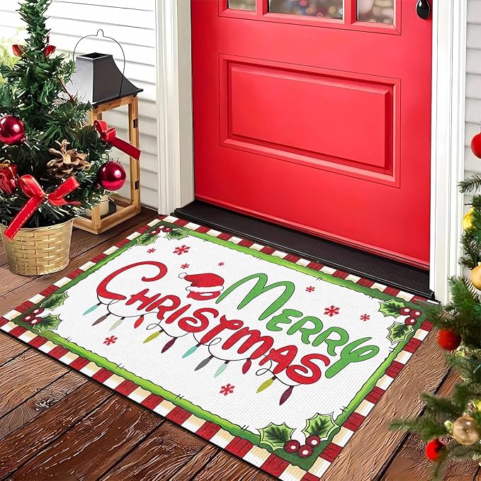 Christmas Door Mat Outdoor, Merry Christmas Plaid Hat Light Snowflakes Welcome Mats for Front Door Holiday Doormat Indoor Entryway Floor Rug for Entrance Outside Home, 16" x 24" Inch