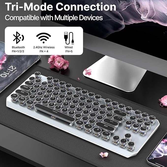 EWEADN Wireless Mechanical Typewriter Keyboard,80% Layout with White Backlit, Anti-Ghosting, Blue Switch Bluetooth/2.4GHz/USB-C Aesthetic Keyboard-Black