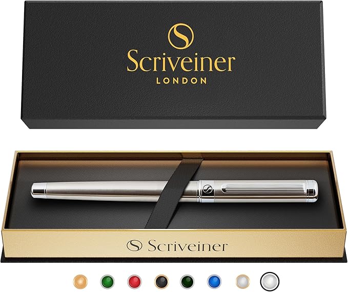 Scriveiner Stainless Steel Rollerball Pen - Stunning Luxury Metal Pen with Silver Chrome Finish, Schmidt Ink Refill, Best Roller Ball Pen Gift Set for Men & Women