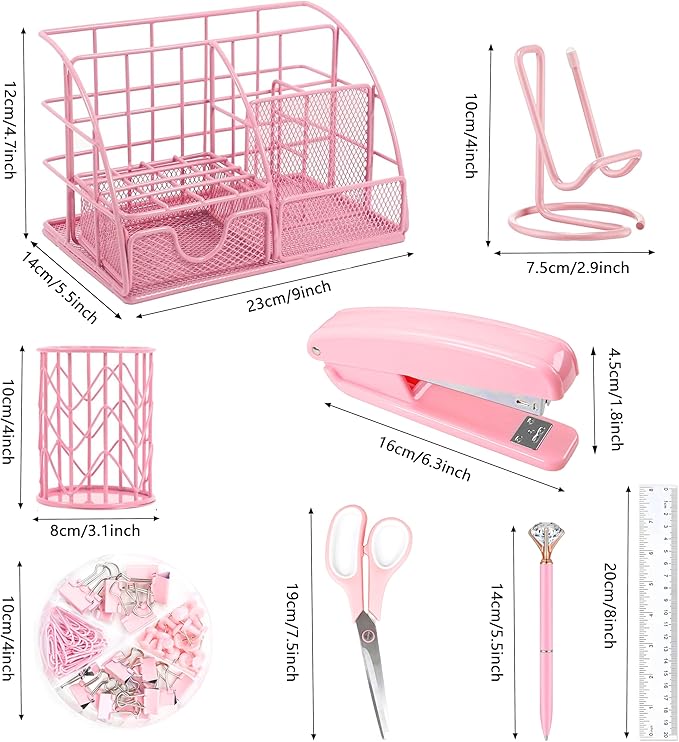 Pink Desk Organizers and Accessories Office Supplies Set Stapler, Pen Holder, Phone Holder, Scissors, Pen, Ruler, 30 Paper Clips, 22 Binder Clip, 20 Tacks and 1000pcs Staples