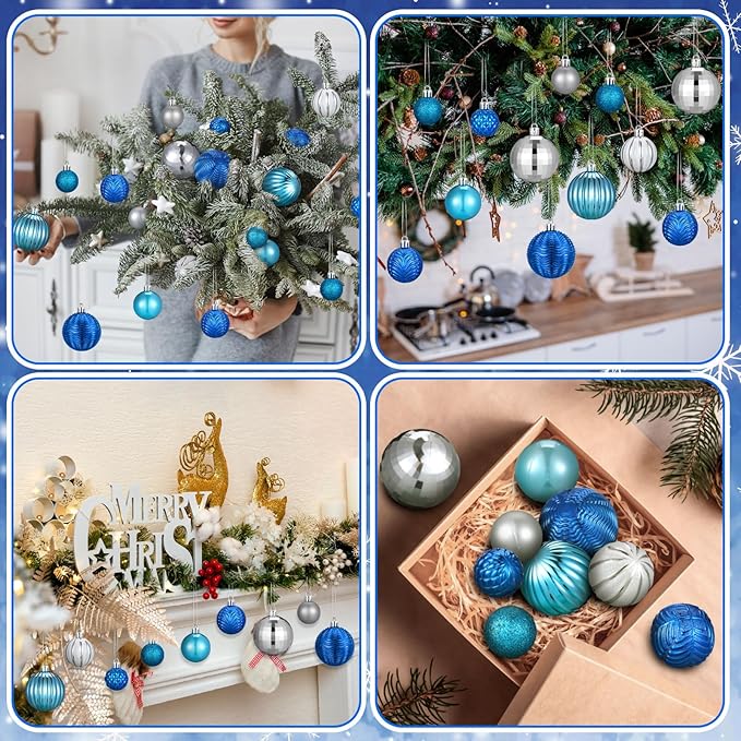 64 Pcs Winter Ball Ornaments Silver Blue Ornament for Tree 1.6/1.97/2.4 Inch Shatterproof Glitter Matt Xmas Baubles Assorted Size Winter Wonderland Ornament Decoration for Christmas Tree Party