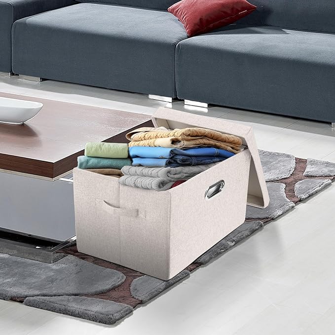 TYEERS Large Storage Bins with Lids, Collapsible, Washable, Fabric Storage Boxes for Organizing, 17.3x11.8x11.4 inches, 3 Pack, Beige