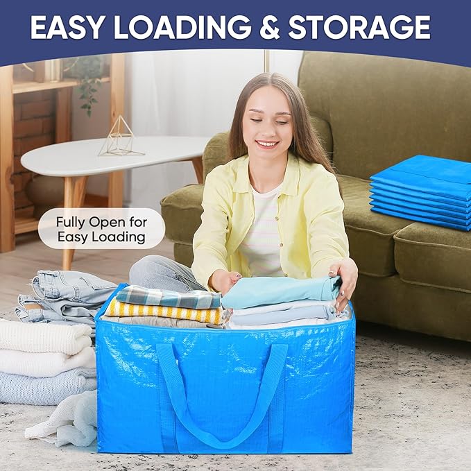 TICONN 2 Pack Extra Large Moving Bags with Zippers & Carrying Handles, Heavy-Duty Storage Tote Moving Boxes for Space Saving (2 Pack, Sky Blue)