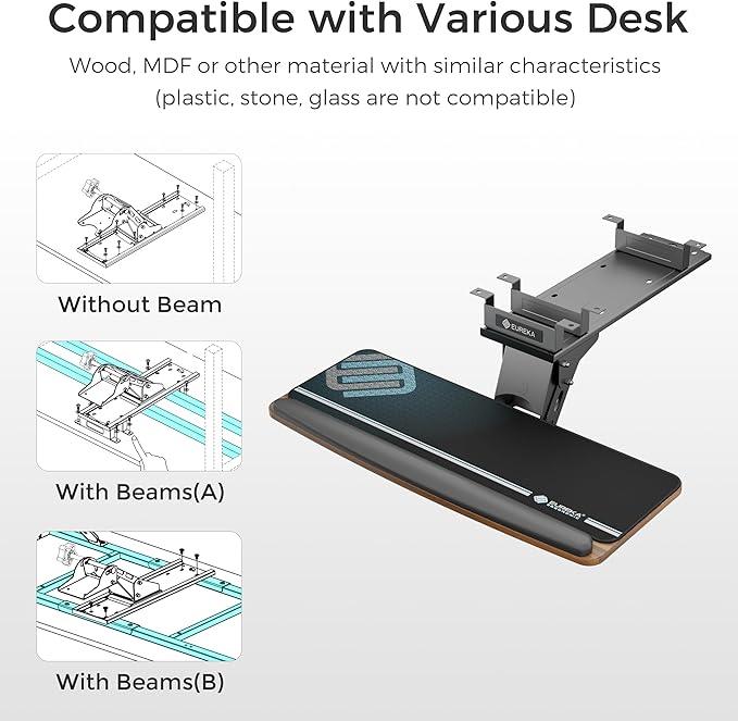EUREKA ERGONOMIC Keyboard Tray Height Adjustable, Swivel Tilt Computer Keyboard Drawer Under Desk, 25x9.13'' Sliding Keyboard & Mouse Platform with Mouse Pad for Typing, Walnut