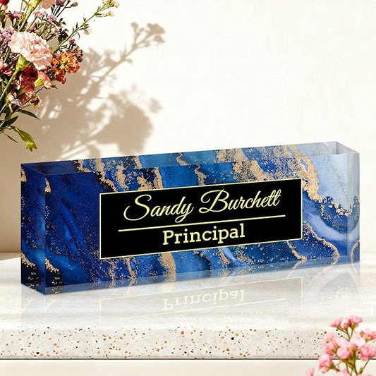 Ship Next Day-Custom Name Plate for Desk, Desk Name Plate Personalized, Acrylic Office Desk Accessories, Appreciation Gifts for Coworkers Employee Teachers Boss Women Men (Blue Coast)