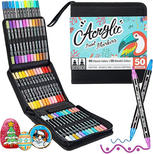 50 Colors Dual Tip Acrylic Paint Pens Cotton Nib Markers with Quick Dry Ink (1mm Fine & 5mm Dot Tips) Rock Painting, Wood, Fabric, Glass DIY Art Supplies for Adults Kids, Christmas Gifts