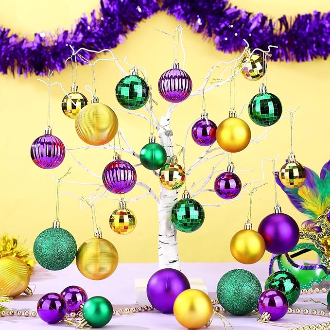 64 Pcs Mardi Gras Christmas Ornaments Glitter Purple Yellow Green Ball Ornament 1.6/1.97/2.4 Inch Assorted Size Plastic Carnival Bulbs Mardi Gras Decoration for Tree Home Indoor Party