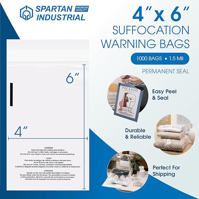 Spartan Industrial - 4” X 6” (1000 Count) Self Seal Clear Poly Bags with Suffocation Warning for Retail Packaging, Shipping - Permanent Adhesive