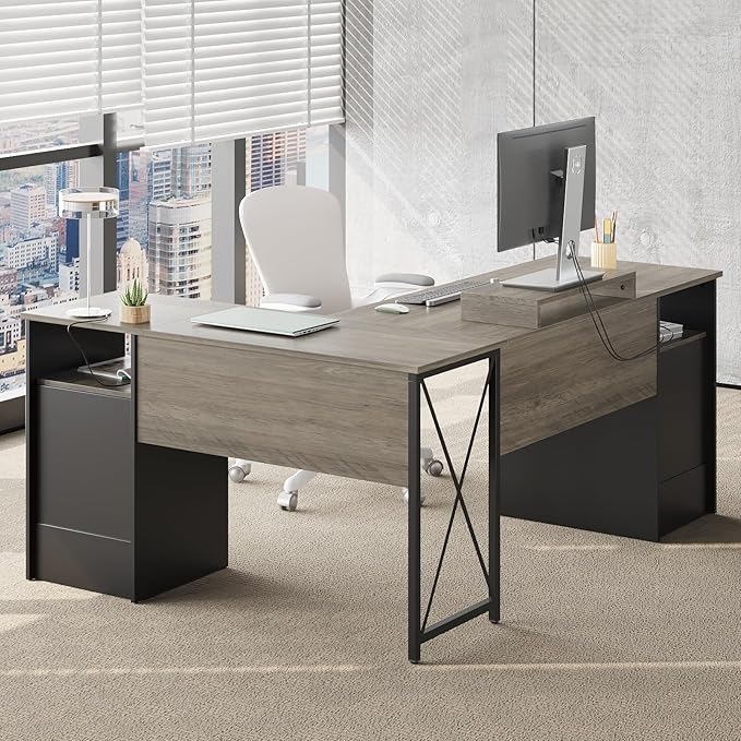 Bestier L Shaped Desk with File Drawers, 63" x 47" Office Computer Desk with Storage Cabinet, Corner Desk with Monitor Stand & Modesty Panel for Home Office, Gray
