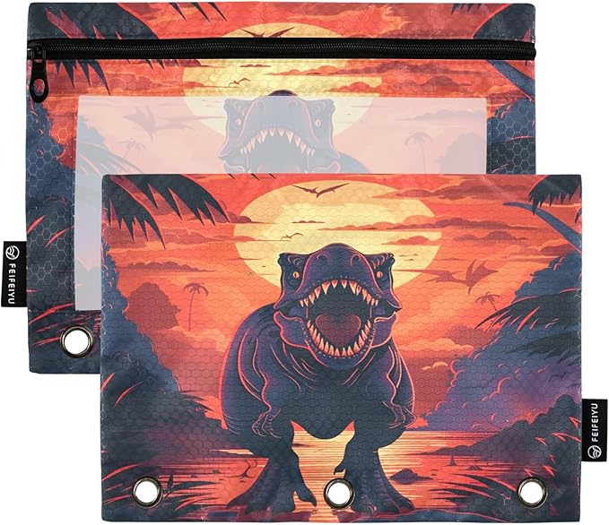 Dinosaur Pencil Pouch for 3 Ring Binder, 2 Pack Waterproof Pencil Bags Clear Window Zipper School Office Supplies