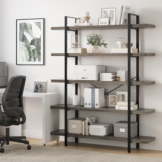 Heavy Duty 5-Tier Industrial Bookcase, 47" Wide Wood Bookshelf for Home Office, 120lbs Shelf Capacity, Rustic Shelving Display with Reinforced Horizontal Shelf for Living Room Bedroom,Grey