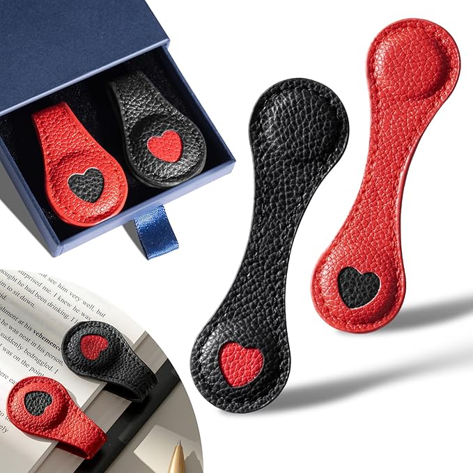 2Pcs Magnetic Leather Bookmarks with Gift Box, Magnetic Pen Holder Book Marks Clip Gift for Book Lover Readers Men Women Teachers Students, Heart Bookmarks