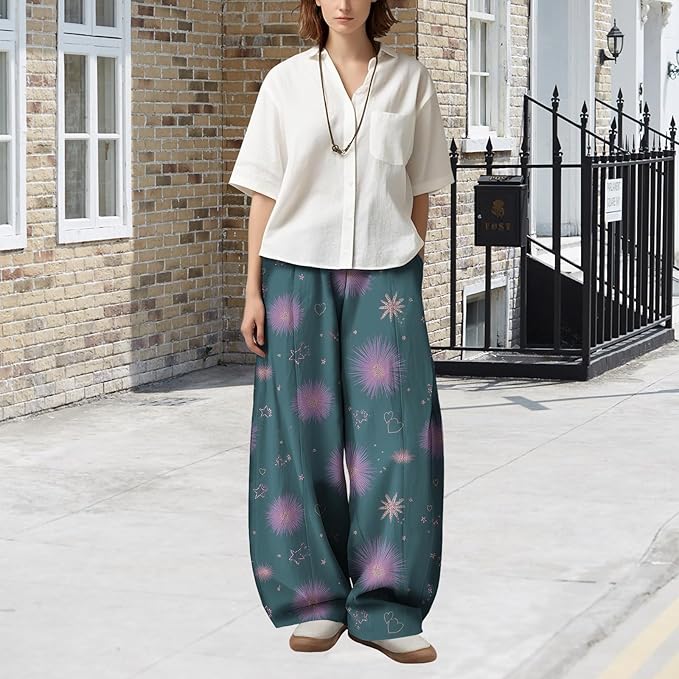 Zaswen Women's Oversize Loose Fit Breathable Pants Wide Leg Lounge Pants Fashion Casual Fireworks Print Trousers with Pockets