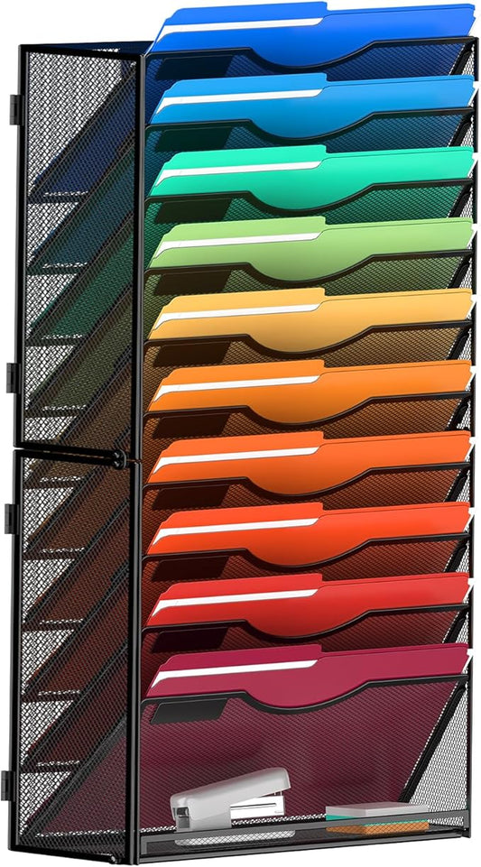 11 Tier Wall File Holder Hanging Wall Mount Paper File Organizer for Mails Folders Document Magazine Organization, for Office School Home, Black