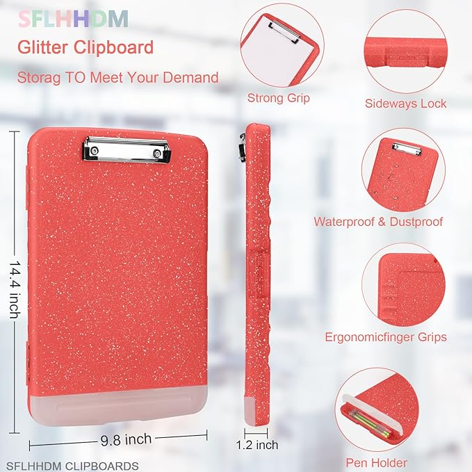 Glitter Clipboard with Storage,Storage Clipboard with Pen Holder,A4 Binder Clip Boards 8.5x11 with Low Profile Clip,Side Opening Sparkle Clipboards,Clipboards Folder for Office Supplies-Grapefruit Red