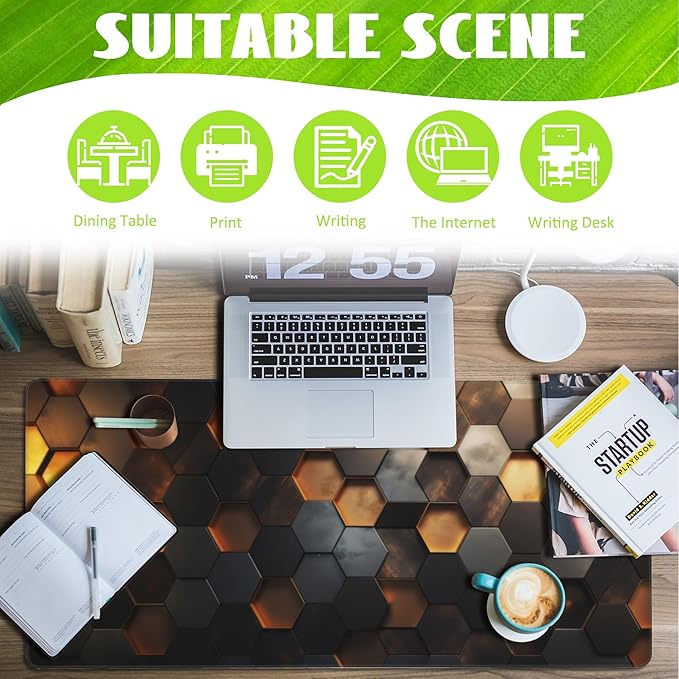 Desk Mat - Golden Honeycomb Technology Large Gaming Mouse Pad With Non-Slip Base and Stitched Edge, Extended Big Computer Keyboard Pad, 35.4"x15.7"