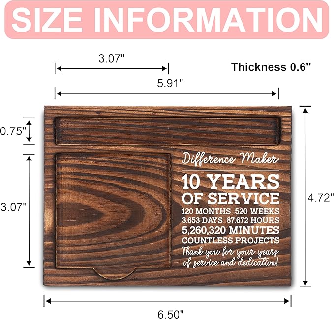 10th Work Anniversary Appreciation Gifts, 10 Year Work Anniversary Thank You Gifts, Sticky Note Holder, Post-it Note Dispenser for Desk, Wooden Post-it Note & Pen Holder 6.5" x 4.7" - FTA113