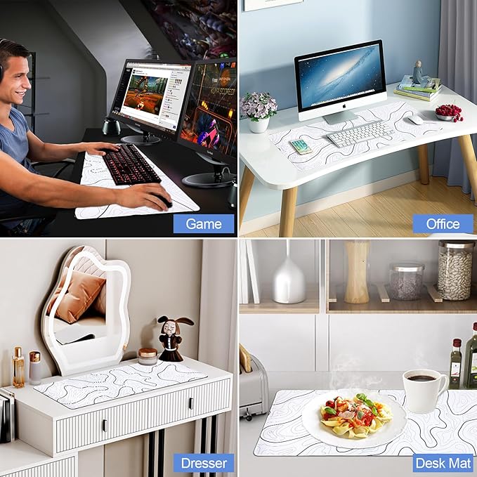 Large Gaming Mouse Pad for Desk, White Topographic Mouse Pad Desk Mat for Gaming Office, Long XL Mouse Pads Keyboard Pad Desk Pad for Computer Laptop 31.5''x11.8''