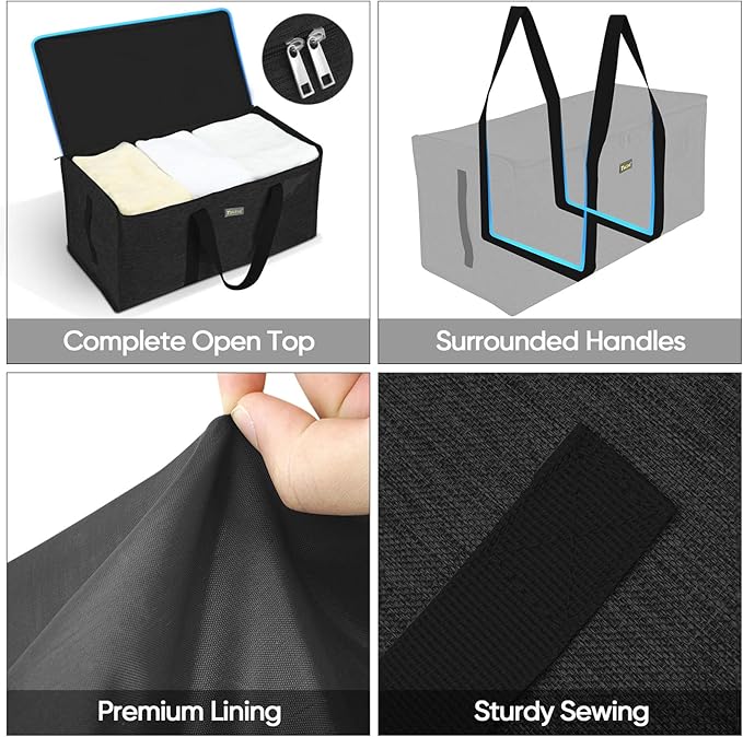 BALEINE Extra Large Storage Tote with Zippers & Carrying Handles, Heavy-Duty Oxford Fabric Moving Bags for Laundry, Space Saving, Storage, 2-Pack, Charcoal Black
