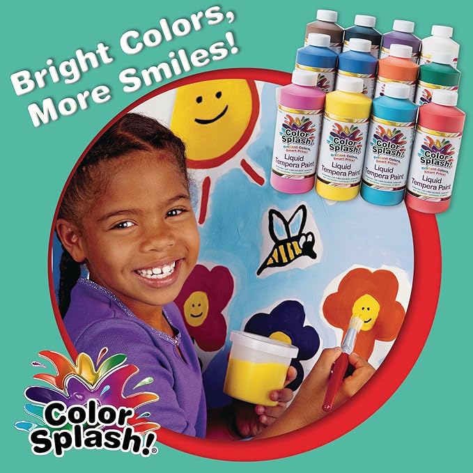 S&S Worldwide Color Splash! Liquid Tempera Bulk Paint, Set of 12 in 11 Bright Colors, 16-oz Easy-Pour Squeeze Bottles, For Arts & Crafts, School, Classroom, Poster Paint, For Kids & Adults, Non-Toxic