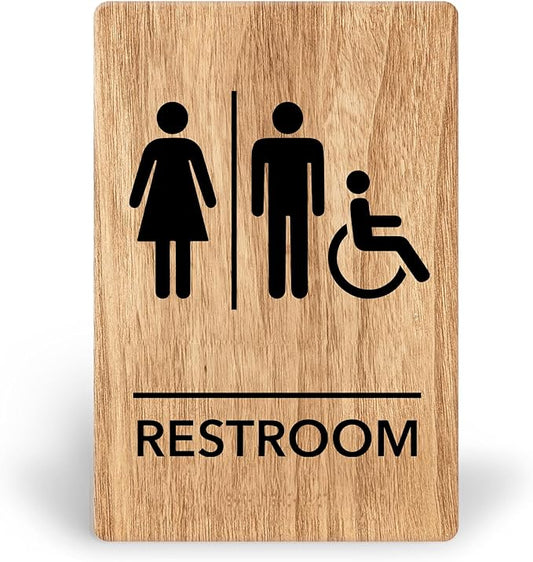 Promot Unisex Handicap Bathroom Sign – ADA Braille Restroom Sign for Business, Self-Adhesive, 9" x 6", Commercial Door Signage, Office Wall Decor - Oak
