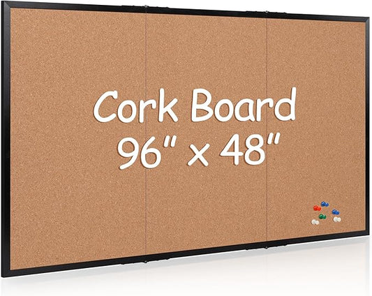Board2by Extra Large Cork Bulletin Board 96" X 48", Foldable Notice Pin Board for Wall, Black Woodm Framed 8'x4' Corkboard, Wall Mounted Noticeboard with 32 Push Pins for School, Home & Office