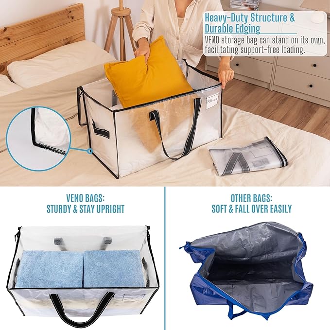 VENO 8 Pack Moving Bags, Comforter and Blanket Storage Bags for Closet, Moving Boxes, Boxes with Lids Alternative, College Dorm Packing Supplies, Foldable Heavy-Duty Tote with Window (Clear, 8 Pack)