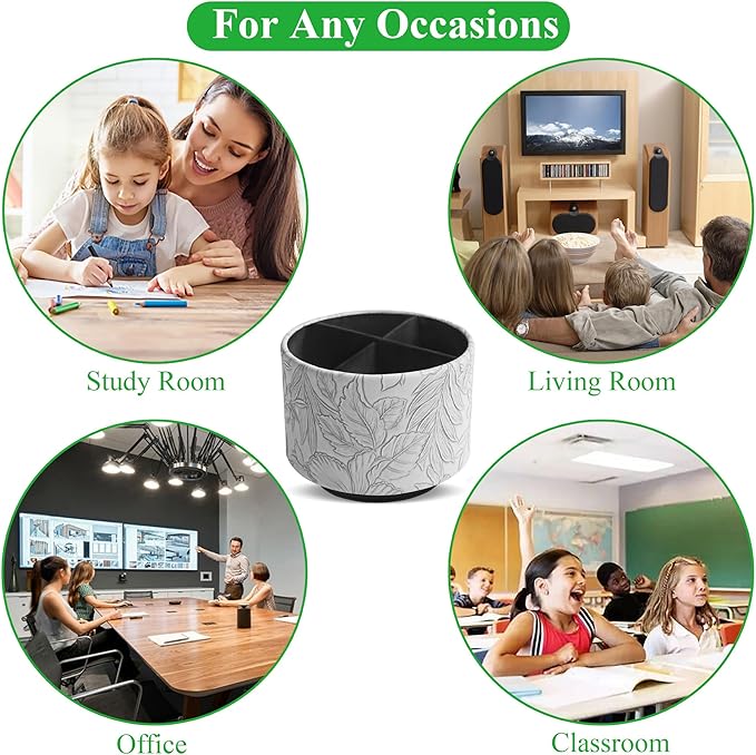 Hennaja Round Leather Art Supply Organizer,Remote Control Holder,360 Degree Spinning,Multi-Functional Pencil Holder,4 Compartments Desktop Stationary Organizer(1-Carved Grey)