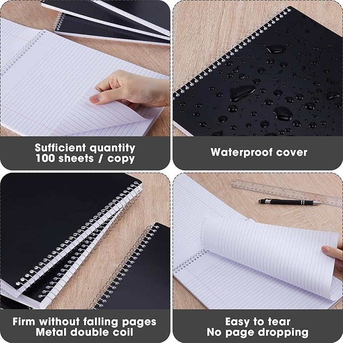 Faccito 6 Pack Top Steno Spiral Notebooks Bulk Top Bound Steno Pads Spiral Book11 x 8-1/2" 100 Sheets College Ruled Paper Notebooks for Office School University Work Supplies (Black)