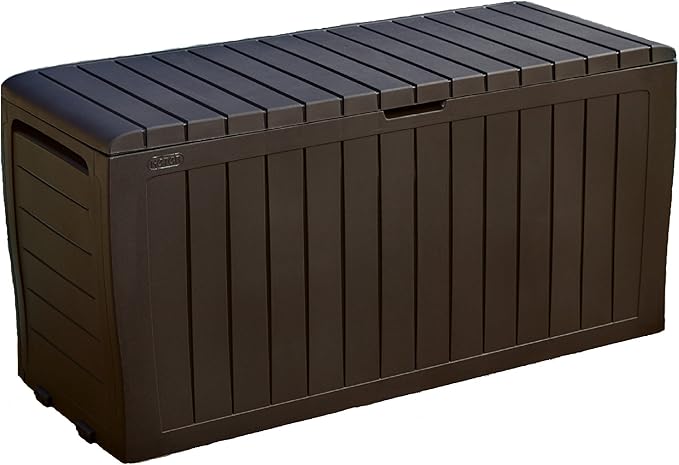 Keter Marvel Plus 71 Gallon Resin Outdoor Storage Box for Patio Furniture Cushions, Throw Pillows, Garden Tools and Pool Floats, Brown