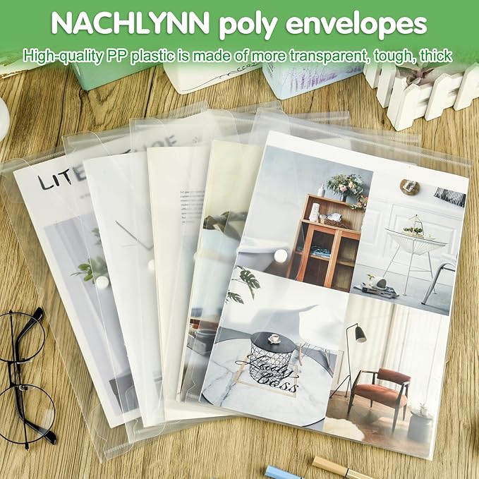NACHLYNN 48pcs Plastic Envelopes Poly Envelopes with Snap Closure A4 Size Clear Document File Folders Organizers Clear Envelope for School Office Supplies